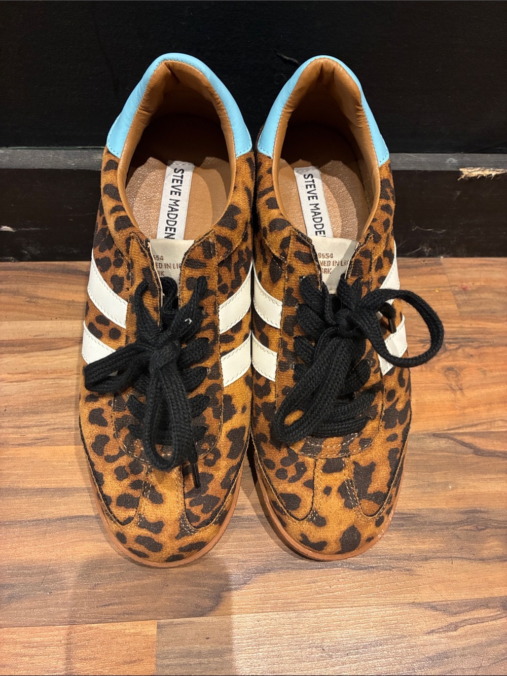 Steve Madden Womens Leopard Print Sneakers with White Stripes and Light Blue Hee
